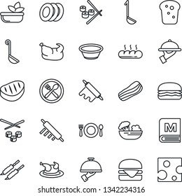 Thin Line Icon Set - cafe vector, menu, salad, plates, bacon, waiter, bread, chicken, steak, kebab, hamburger, ladle, bowl, rolling pin, sushi, cheese
