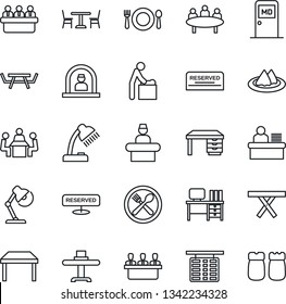 Thin Line Icon Set - cafe vector, baby room, reception, flight table, medical, desk, meeting, picnic, manager, lamp, restaurant, serviette, reserved, salt and pepper