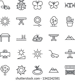 Thin Line Icon Set - cafe vector, sun, flower in pot, lawn mower, butterfly, lady bug, pond, picnic table, brightness, pool, fruit tree, mountains, restaurant, alcove