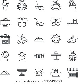 Thin Line Icon Set - cafe vector, flower in pot, lawn mower, butterfly, lady bug, sun, pond, brightness, pool, mountains, table, restaurant, alcove