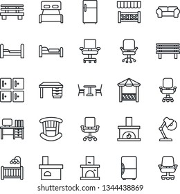 Thin Line Icon Set - cafe vector, bed, checkroom, office chair, desk, bench, fireplace, lamp, bedroom, children room, cushioned furniture, alcove, fridge