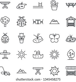 Thin Line Icon Set - cafe vector, sun, flower in pot, lawn mower, butterfly, lady bug, pond, picnic table, pool, fruit tree, mountains, restaurant, alcove