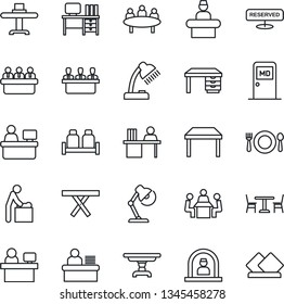 Thin Line Icon Set - cafe vector, baby room, reception, medical, desk, meeting, manager place, picnic table, lamp, restaurant, reserved, salt and pepper, serviette