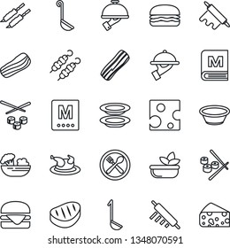 Thin Line Icon Set - cafe vector, menu, salad, plates, bacon, waiter, chicken, steak, kebab, hamburger, ladle, bowl, rolling pin, sushi, cheese