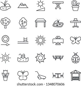 Thin Line Icon Set - cafe vector, sun, flower in pot, lawn mower, butterfly, lady bug, pond, picnic table, brightness, pool, fruit tree, mountains, restaurant, alcove