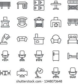 Thin Line Icon Set - cafe vector, checkroom, office chair, desk, bench, fireplace, lamp, bedroom, children room, cushioned furniture, restaurant table, alcove, fridge