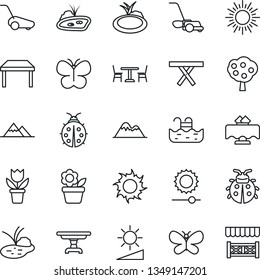 Thin Line Icon Set - cafe vector, sun, flower in pot, lawn mower, butterfly, lady bug, pond, picnic table, brightness, pool, fruit tree, mountains, restaurant, alcove