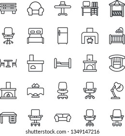 Thin Line Icon Set - cafe vector, office chair, desk, bench, fireplace, lamp, bedroom, children room, cushioned furniture, restaurant table, alcove, fridge