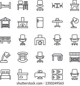 Thin Line Icon Set - cafe vector, checkroom, office chair, desk, bench, fireplace, lamp, bedroom, children room, restaurant table, alcove, fridge