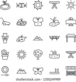 Thin Line Icon Set - cafe vector, sun, flower in pot, lawn mower, butterfly, pond, picnic table, brightness, pool, fruit tree, mountains, restaurant, alcove