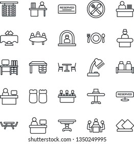Thin Line Icon Set - cafe vector, reception, flight table, desk, meeting, manager place, picnic, lamp, restaurant, reserved, salt and pepper, serviette