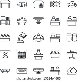 Thin Line Icon Set - cafe vector, reception, flight table, desk, meeting, manager place, picnic, lamp, restaurant, serviette, reserved, salt and pepper