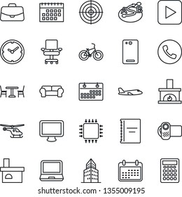 Thin Line Icon Set - cafe vector, phone, plane, helicopter, case, fireplace, bike, route, video camera, monitor, laptop pc, play button, back, calendar, copybook, clock, office building, chair, chip