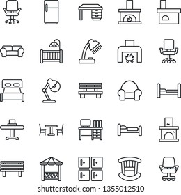 Thin Line Icon Set - cafe vector, bed, checkroom, office chair, desk, bench, fireplace, lamp, bedroom, children room, cushioned furniture, restaurant table, alcove, fridge