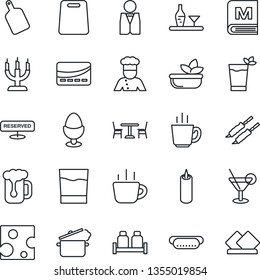 Thin Line Icon Set - cafe vector, coffee, waiter, cook, alcohol, menu, reserved, drink, cocktail, phyto bar, beer, salad, egg stand, salt and pepper, candle, credit card, kebab, hot dog, cheese