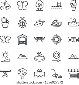 Thin Line Icon Set - cafe vector, sun, flower in pot, lawn mower, butterfly, lady bug, pond, picnic table, brightness, pool, fruit tree, mountains, restaurant, alcove