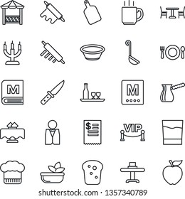 Thin Line Icon Set - cafe vector, coffee, waiter, alcohol, restaurant table, cook hat, menu, drink, salad, bread, candle, vip zone, alcove, receipt, ladle, bowl, rolling pin, cutting board, knife