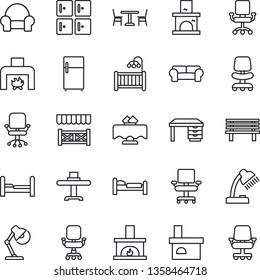 Thin Line Icon Set - cafe vector, bed, checkroom, office chair, desk, bench, fireplace, lamp, bedroom, children room, cushioned furniture, restaurant table, alcove, fridge