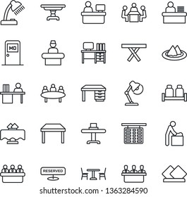 Thin Line Icon Set - cafe vector, baby room, reception, flight table, medical, desk, meeting, manager place, picnic, lamp, restaurant, serviette, reserved, salt and pepper