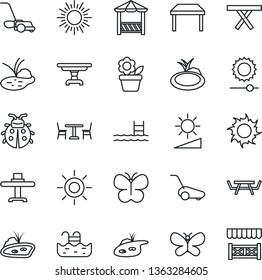 Thin Line Icon Set - cafe vector, sun, flower in pot, lawn mower, butterfly, lady bug, pond, picnic table, brightness, pool, restaurant, alcove