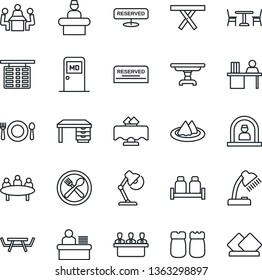 Thin Line Icon Set - cafe vector, reception, flight table, medical room, desk, meeting, picnic, manager, lamp, restaurant, serviette, reserved, salt and pepper