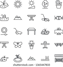 Thin Line Icon Set - cafe vector, sun, flower in pot, lawn mower, butterfly, pond, picnic table, brightness, pool, fruit tree, mountains, restaurant, alcove