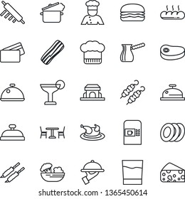 Thin Line Icon Set - cafe vector, coffee machine, cook, dish, hat, reception, drink, cocktail, salad, plates, bacon, waiter, bread, building, credit card, chicken, steak, kebab, hamburger, turkish