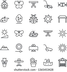 Thin Line Icon Set - cafe vector, sun, flower in pot, lawn mower, butterfly, lady bug, picnic table, brightness, pond, pool, fruit tree, mountains, restaurant, alcove