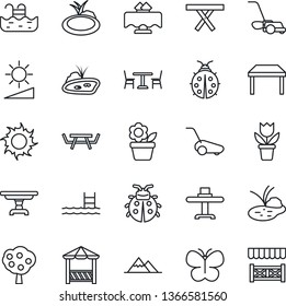 Thin Line Icon Set - cafe vector, flower in pot, lawn mower, butterfly, lady bug, sun, pond, picnic table, brightness, pool, fruit tree, mountains, restaurant, alcove