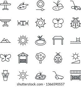 Thin Line Icon Set - cafe vector, sun, flower in pot, lawn mower, butterfly, lady bug, pond, brightness, pool, fruit tree, mountains, table, restaurant, alcove