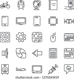 Thin Line Icon Set - cafe vector, train, globe, left arrow, plane, mouse, document, syringe, bike, term, speaker, tv, cell phone, monitor, back, settings, calendar, application, copybook, calculator