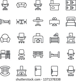 Thin Line Icon Set - cafe vector, bed, checkroom, office chair, desk, bench, fireplace, bedroom, children room, cushioned furniture, restaurant table, fridge