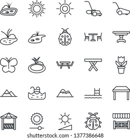 Thin Line Icon Set - cafe vector, sun, flower in pot, lawn mower, butterfly, lady bug, pond, picnic table, brightness, pool, mountains, alcove