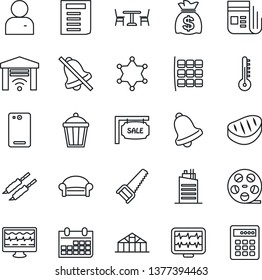 Thin Line Icon Set - cafe vector, waiting area, seat map, document, money bag, calendar, saw, garden light, greenhouse, monitor pulse, reel, news, phone back, user, bell, mute, sale, city house