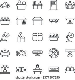 Thin Line Icon Set - cafe vector, baby room, reception, medical, desk, meeting, manager place, picnic table, lamp, serviette, reserved, salt and pepper