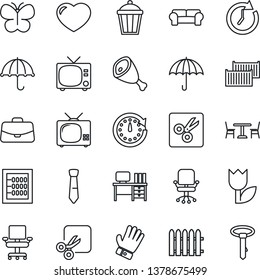 Thin Line Icon Set - cafe vector, tv, office chair, case, desk, fence, glove, butterfly, garden light, cargo container, umbrella, tulip, heart, cut, abacus, tie, cushioned furniture, ham, clock