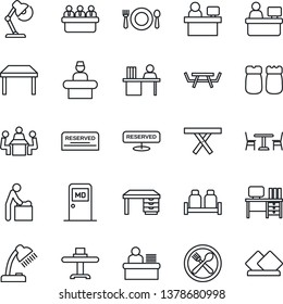 Thin Line Icon Set - cafe vector, baby room, reception, medical, desk, meeting, manager place, picnic table, lamp, restaurant, reserved, salt and pepper, serviette