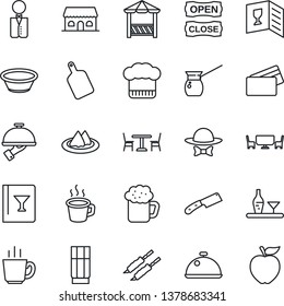 Thin Line Icon Set - cafe vector, coffee, waiter, dish, alcohol, serviette, cook hat, wine card, drink, beer, building, table, dress code, open close, alcove, credit, kebab, bowl, cutting board