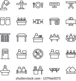 Thin Line Icon Set - cafe vector, reception, flight table, medical room, desk, meeting, manager place, picnic, lamp, restaurant, reserved, salt and pepper, serviette