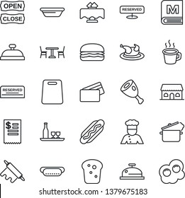 Thin Line Icon Set - cafe vector, coffee, cook, alcohol, restaurant table, menu, reserved, reception, bread, building, open close, credit card, receipt, chicken, ham, hamburger, hot dog, bowl