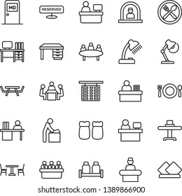 Thin Line Icon Set - cafe vector, baby room, reception, flight table, medical, desk, meeting, manager place, picnic, lamp, restaurant, reserved, salt and pepper, serviette
