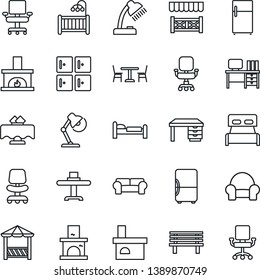 Thin Line Icon Set - cafe vector, bed, checkroom, office chair, desk, bench, fireplace, lamp, bedroom, children room, cushioned furniture, restaurant table, alcove, fridge