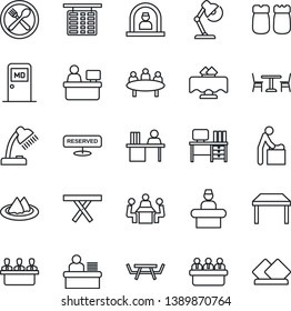 Thin Line Icon Set - cafe vector, baby room, reception, flight table, medical, desk, meeting, manager place, picnic, lamp, restaurant, serviette, reserved, salt and pepper