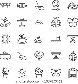 Thin Line Icon Set - cafe vector, sun, flower in pot, lawn mower, butterfly, lady bug, pond, picnic table, brightness, pool, fruit tree, mountains, restaurant, alcove