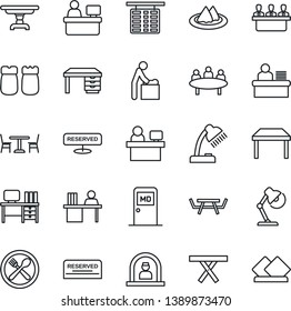 Thin Line Icon Set - cafe vector, baby room, reception, flight table, medical, desk, meeting, manager place, picnic, lamp, serviette, reserved, salt and pepper