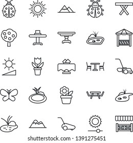 Thin Line Icon Set - cafe vector, sun, flower in pot, lawn mower, butterfly, lady bug, pond, picnic table, brightness, fruit tree, mountains, restaurant, alcove