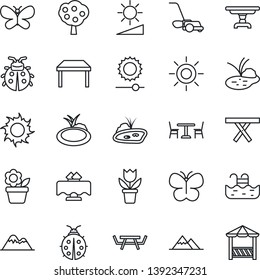 Thin Line Icon Set - cafe vector, flower in pot, lawn mower, butterfly, lady bug, sun, pond, picnic table, brightness, pool, fruit tree, mountains, restaurant, alcove