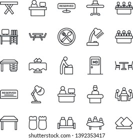 Thin Line Icon Set - cafe vector, baby room, reception, medical, desk, meeting, manager place, picnic table, lamp, restaurant, reserved, salt and pepper, serviette