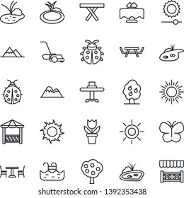 Thin Line Icon Set - cafe vector, sun, flower in pot, lawn mower, butterfly, lady bug, pond, picnic table, brightness, pool, fruit tree, mountains, restaurant, alcove
