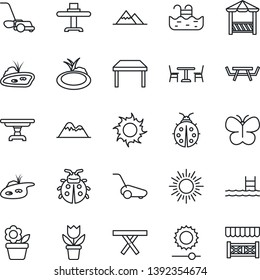 Thin Line Icon Set - cafe vector, sun, flower in pot, lawn mower, butterfly, lady bug, pond, picnic table, brightness, pool, mountains, restaurant, alcove